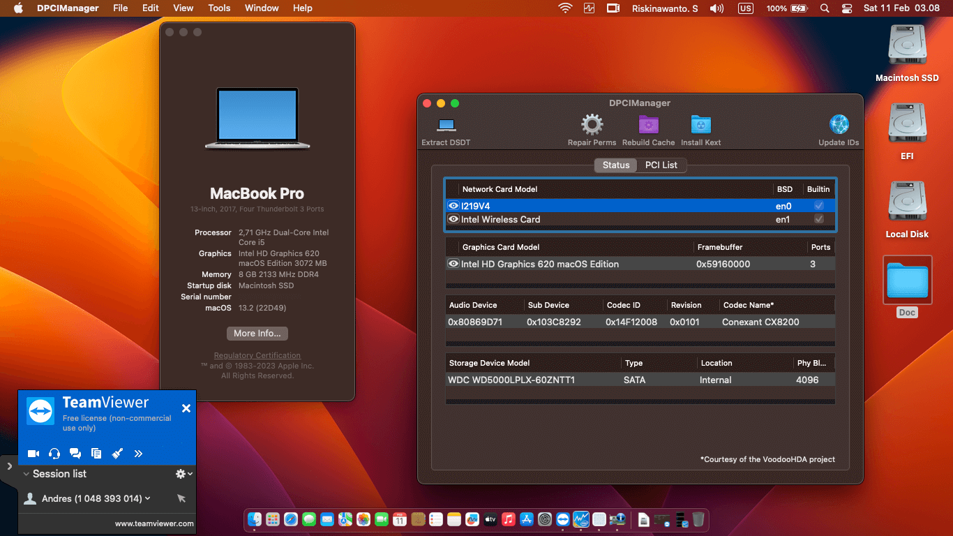 Success Hackintosh macOS Ventura 13.2 Build 22D49 in HP EliteBook 820 G4